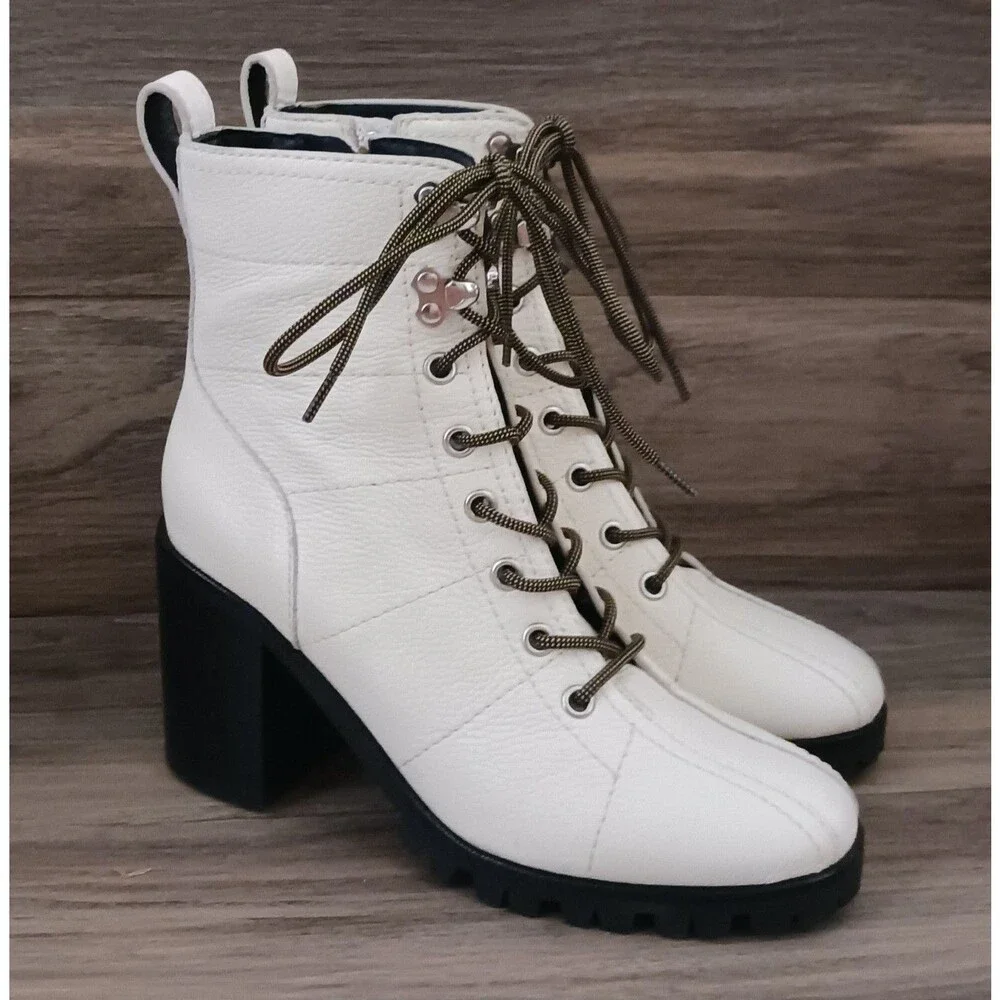 New PAIGE Christie Ivory Pebbled Leather Lace Up Combat Boot Block Heel Sz 6